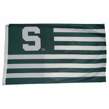 Flag with dark green and white stripes like an American flag. In the top left corner, a dark green box has a large white block "S" centered. Left side has a white binding with two gold rivets for hanging