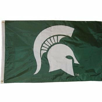 Dark green flag with a large white Spartan helmet centered. Left side has a white binding with two gold rivets for hanging
