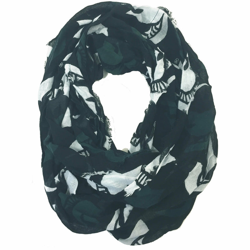 Dark green infinity scarf patterned with large white Spartan helmets and a frayed edge.