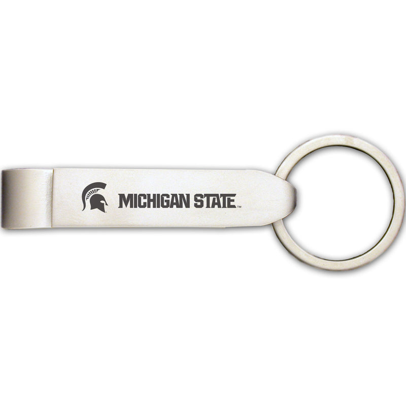 Top of a silver bottle opener—imprinted with a Spartan helmet and block lettering reading Michigan State in black—attached at one end to a silver key ring