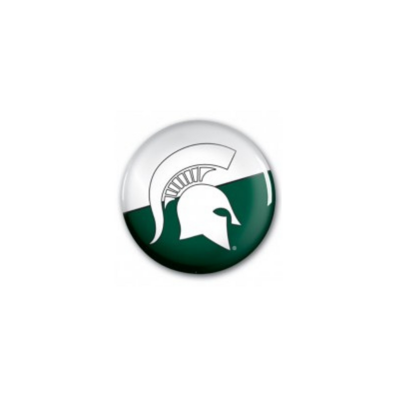 Circular button with a diagonal divider between white (top) and green (bottom) halves. A white Spartan helmet with a black outline is centered