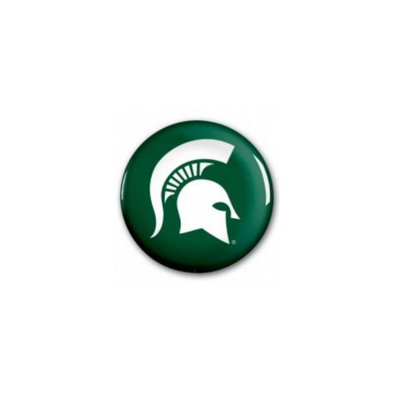 Dark green circular button with a white Spartan helmet printed in the center