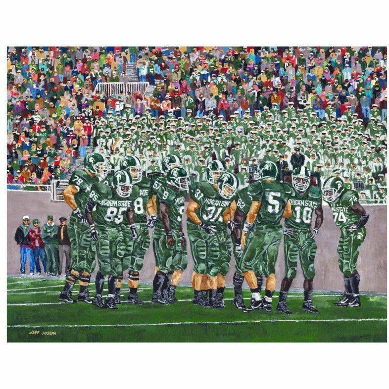Rectangular art print with an illustration of Spartans huddled on the Spartan Stadium field in front of the Spartan Marching Band's stand section