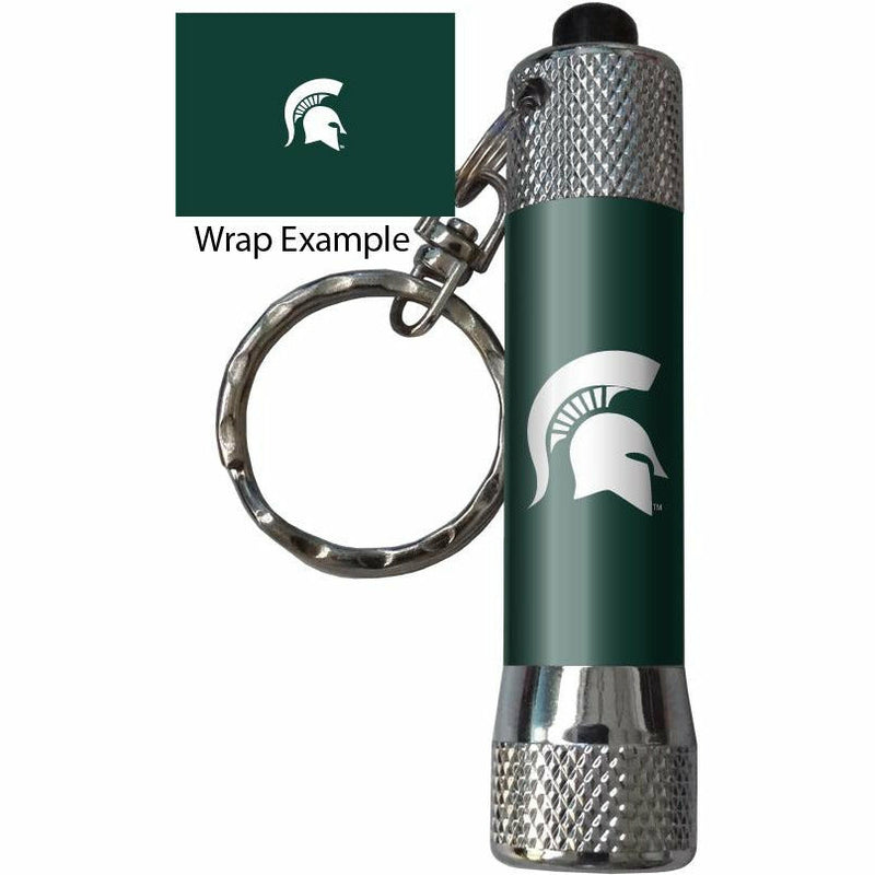 Silver flashlight with a dark green wrap around the center, attached to a key ring. Wrap features a printed white Spartan helmet. The silver sections of the flashlight have a diamond-grip texture.