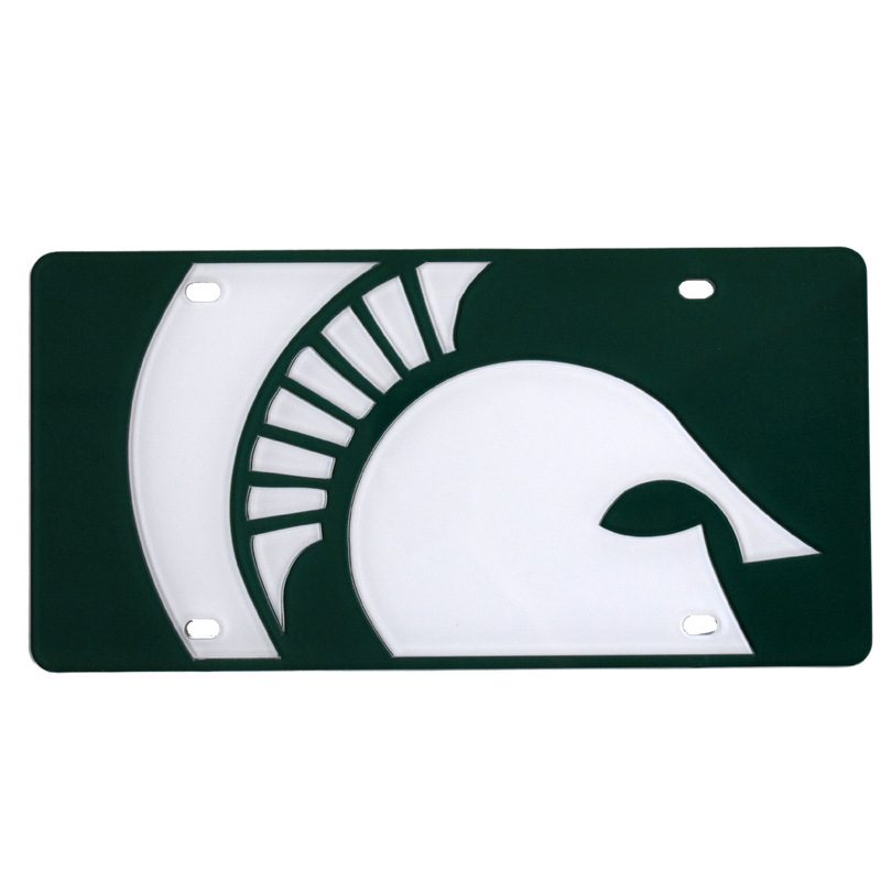 Dark green license plate with four screw slots. A white Spartan helmet is tipped at a slight diagonal angle and blown up to expand outside of the visible frame.