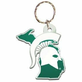 Acrylic cut in the shape of the state of Michigan (green) with a Spartan helmet overlaid (white). At the top of the helmet, a loop connects the acrylic to a silver keyring