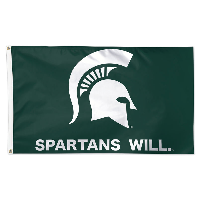 Dark green flag with a large white Spartan helmet centered, with text underneath reading "Spartans Will" in all caps. Left side has a white binding with two gold rivets for hanging.