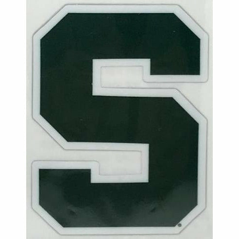 Cutout decal in the shape of a block s, which is dark green with a white outline
