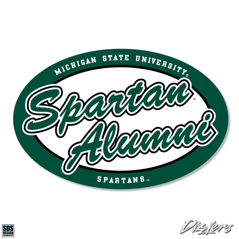 Wide oval shaped decal with a green outline. At the top of the green outline is white font reading "MICHIGAN STATE UNIVERSITY." Bottom of the outline reads "SPARTANS" in white. Over the center white oval is green font with white, black, and white outlines reading "Spartan Alumni"