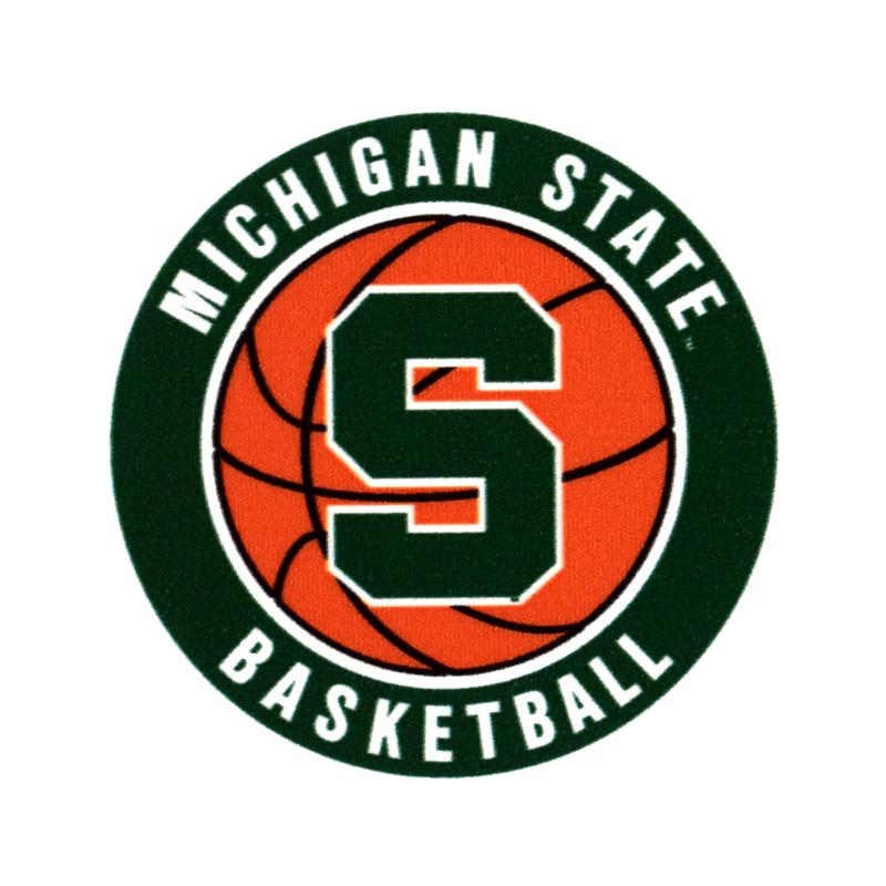 Circular decal with an orange basketball in the center with a dark green block s printed over it. Around the outside is a dark green border with all caps text reading Michigan State Basketball