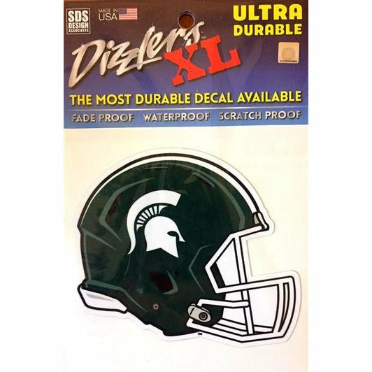 Cutout decal in the shape of a Spartan football helmet, which is dark green with white outlines and a white Spartan helmet