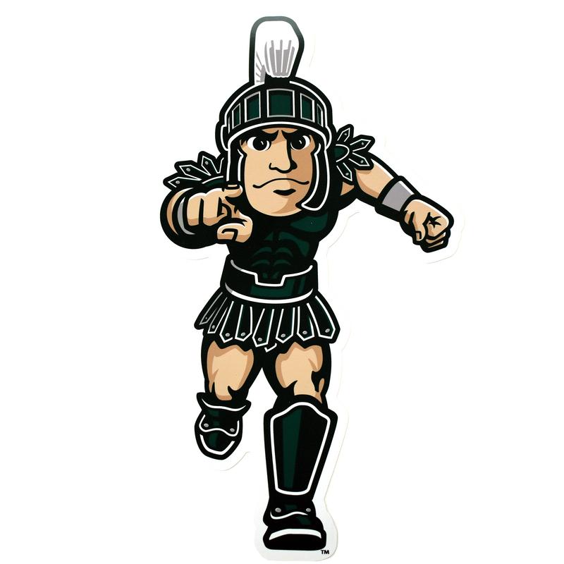 A full-color Sparty mascot decal. Sparty is running towards and pointing at the viewer