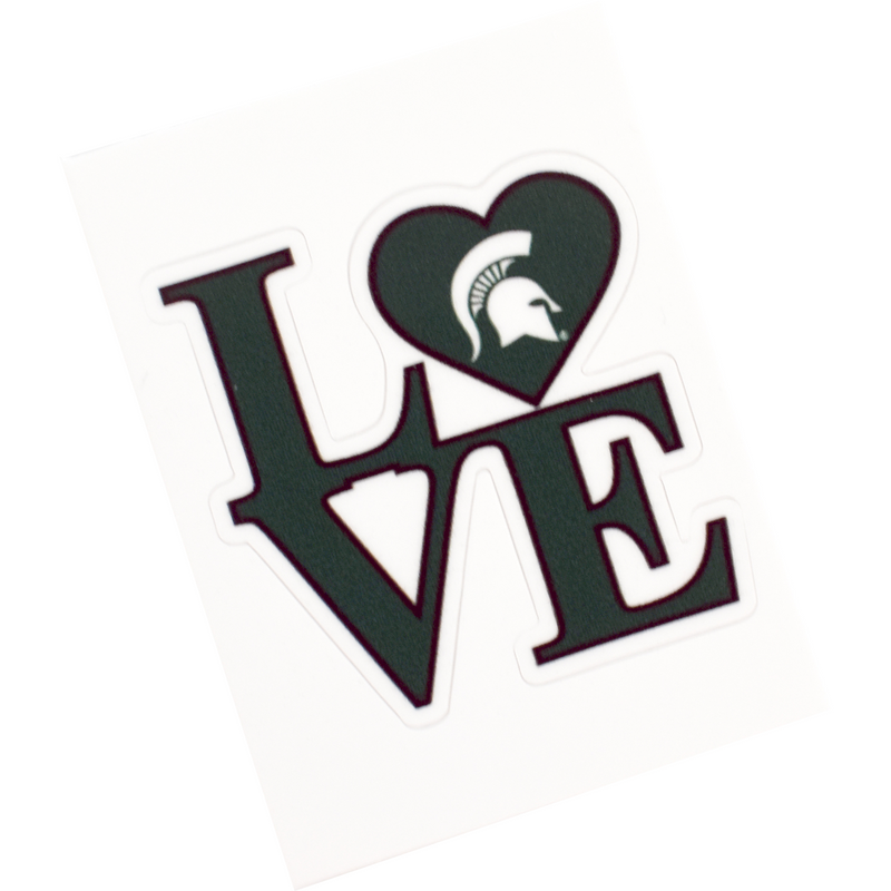 Dark green decal cutout in the shape of 2 x 2 letters spelling out love in all caps. The O is replaced by a heart with a white Spartan helmet inside.