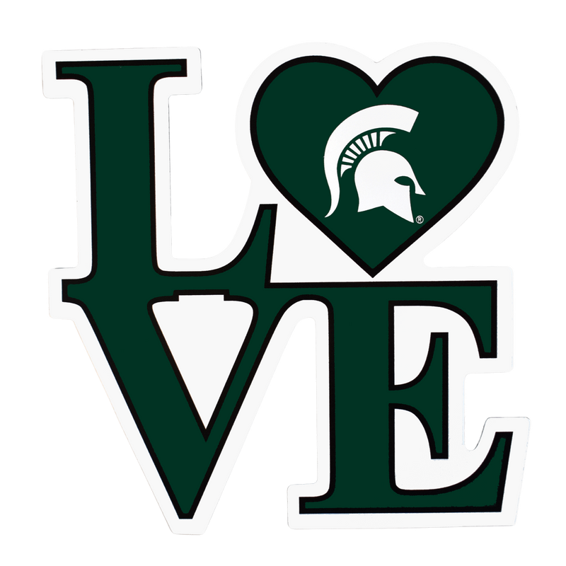 Dark green magnet cutout in the shape of 2 x 2 letters spelling out love in all caps. The O is replaced by a heart with a white Spartan helmet inside. 