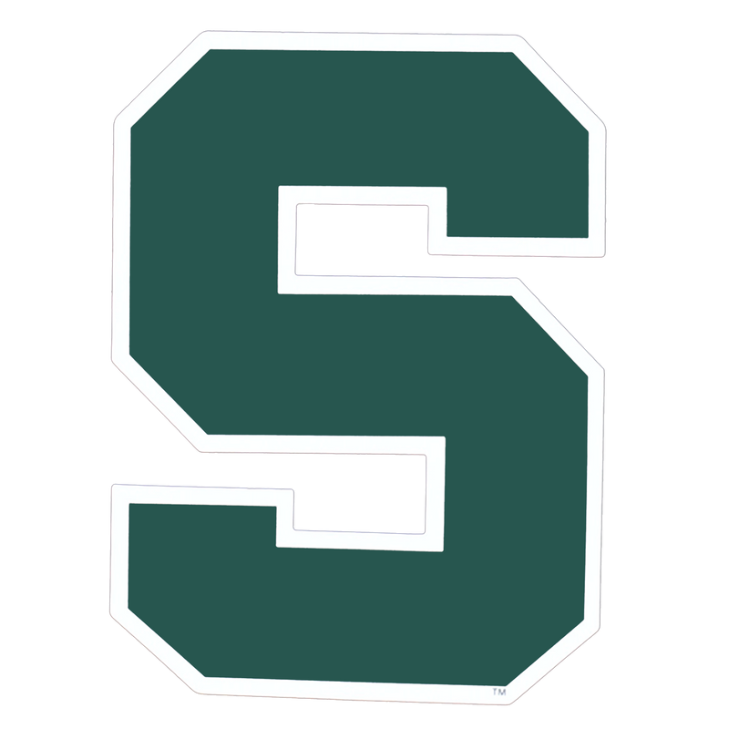 Cutout magnet in the shape of a block s, which is dark green with a white outline