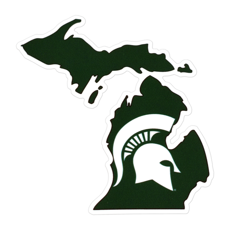Cutout dark green decal in the shape of the state of Michigan, outlined in white. A white Spartan helmet is centered in the lower peninsula.