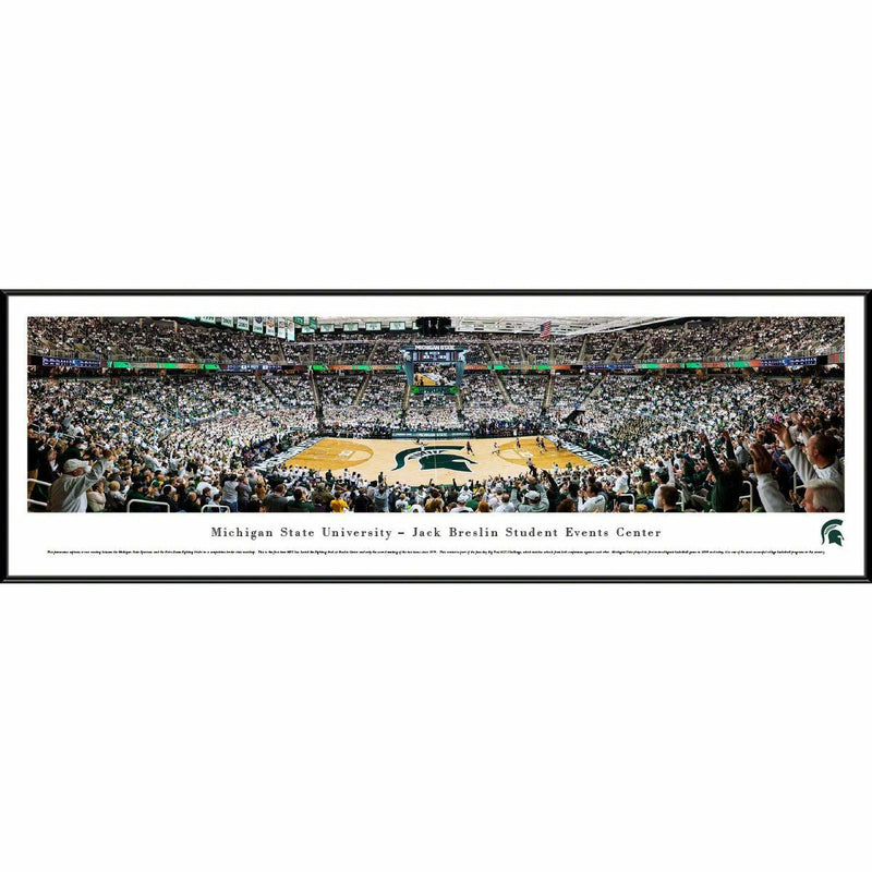 Panoramic photo of the Breslin Center in a thin black frame