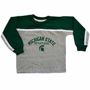 Light gray long-sleeve crewneck t-shirt. When the shirt is laid in a T position, the top quarter (sleeve hems, neckline, and portion of sleeves/chest) are dark green. Printed in dark green on the center chest, text reads Michigan State Spartans with a Spartan helmet underneath