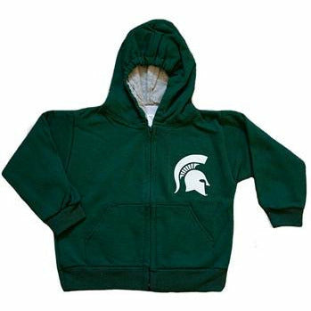 Dark green fleece jacket with a cinchable hood. A full-length zipper separates two large pockets. The left chest includes a white Spartan helmet print.