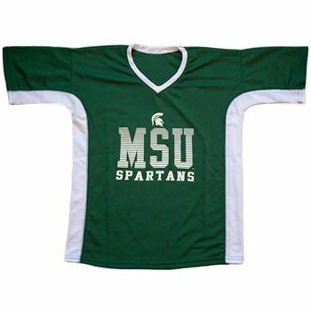 A kelly green v-neck, mid-length sleeve t-shirt. The edges of the abdomen to underside of the sleeves is white. Cneter chest has a small white Spartan helmet followed by block text reading MSU Spartans on two lines.