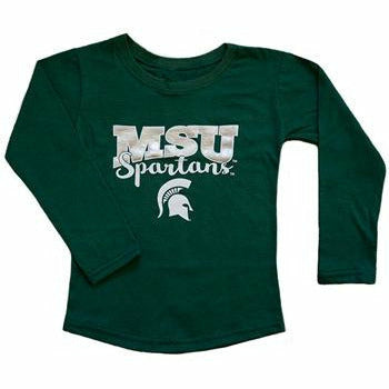 Dark green long-sleeve crewneck t-shirt. Center chest has glittery silver block letters spelling MSU with white script font underneath reading Spartans followed by a white Spartan helmet