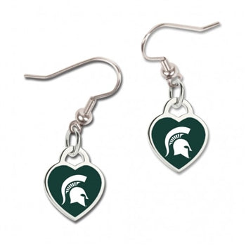 Nickel dangle earrings with a heart shaped charm hanging from each on a jump ring. On the flat front side, dark green enamel displays a white Spartan helmet.