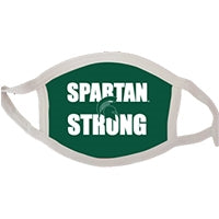Kelly green face covering reading Spartan Strong in white block lettering with a green Spartan helmet in the center. The hems and ear straps are white