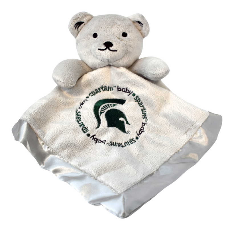 Silver teddy bear head and arms with the body replaced by a gray, satin-ribbon-edged blanket. On the bottom center of the blanket is a circle of text reading spartans baby (repeating) surrounding a green Spartan helmet