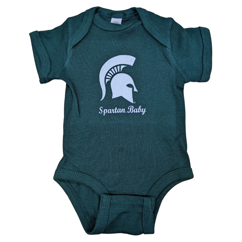 Dark green baby onesie with a white Spartan helmet and "Spartan Baby" in script font printed on the center chest. 