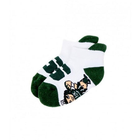White baby socks with a dark green toe, heel, and tab on the back. On the top of the foot is a dark green block S, with a Sparty design on the bottom of the foot.