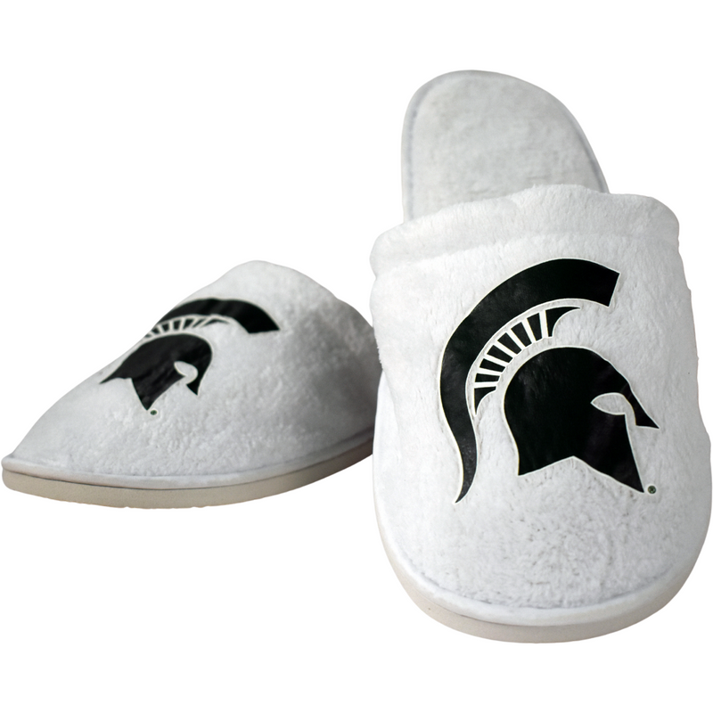 White mule-style slippers with a terrycloth texture. On the center of each toe piece is a forest green Spartan helmet print