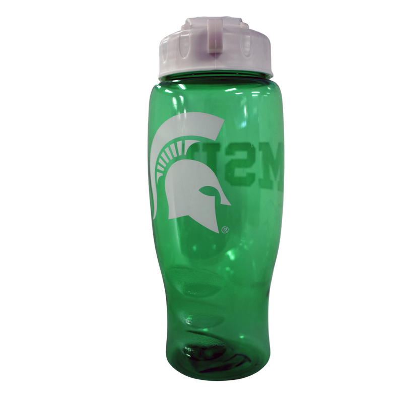 Clear green water bottle with a tapered bottom that has grip imprints and a white cap. On the side is a white Spartan helmet