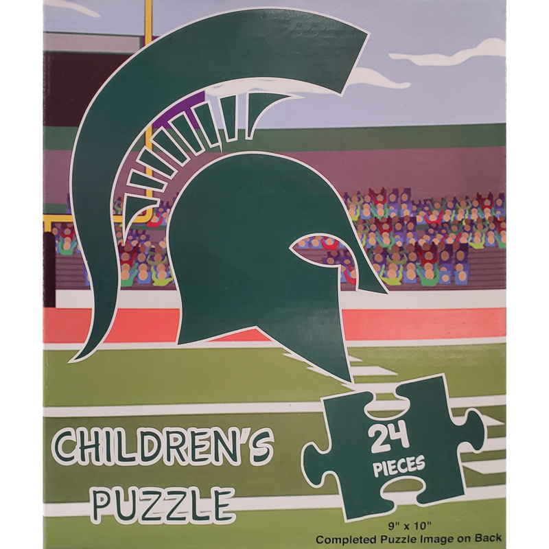 Packaging of the 24-piece children's puzzle with an illustrated stadium and large Spartan helmet on the front. Text in the bottom right corner reads "9 inches by 10 inches, completed puzzle image on back"