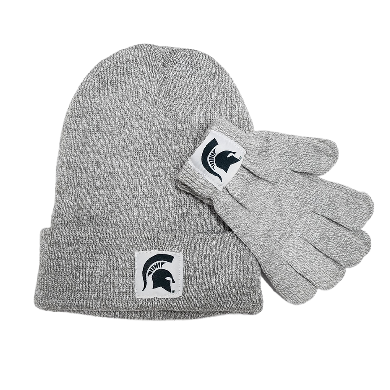 Light gray knit beanie and glove set. Gloves are laying on top of the hat, which has a folded brim. Centered on the brim and the glove cuffs is a white applique with a green Spartan helmet.