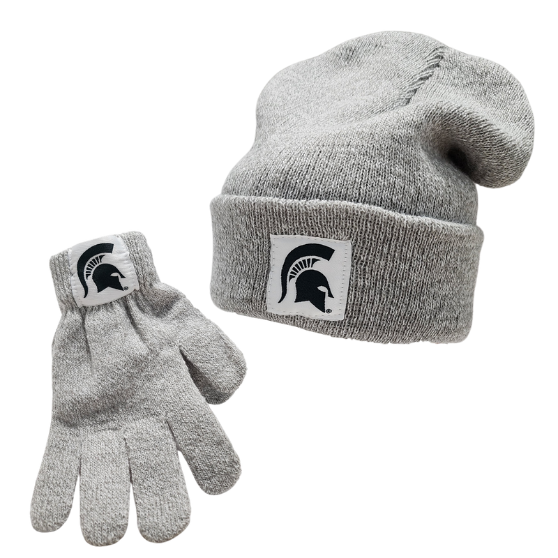 Light gray knit beanie and glove set. Centered on the hat's brim and the gloves' cuffs are a white applique with a green Spartan helmet. The hat is displayed in a way that shows how it would sit on a child's head.