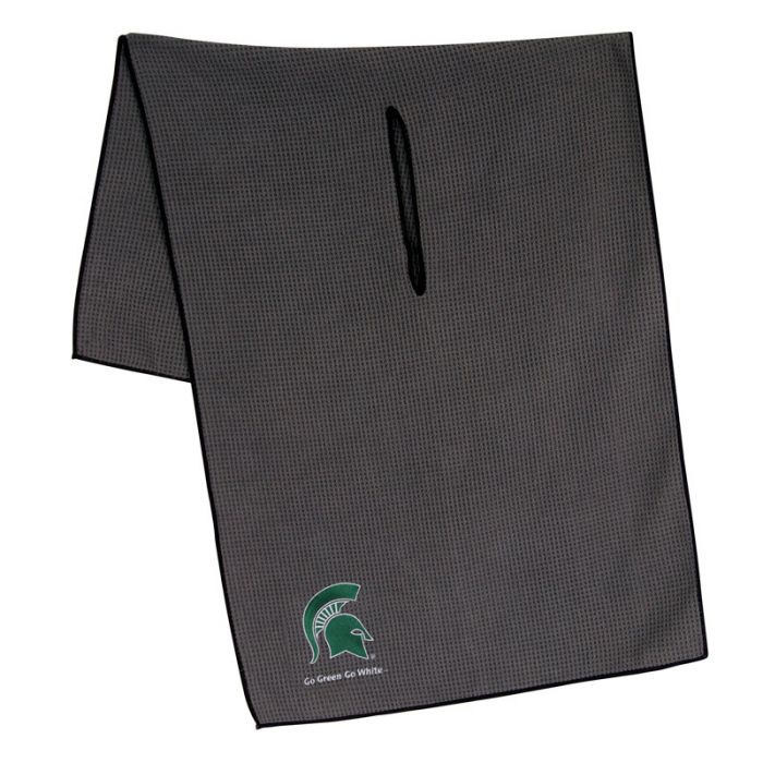 Gray microfiber golf towel with an embroidered Spartan helmet over small text reading Go Green, Go White in one corner.