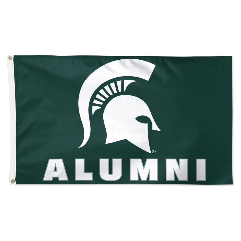 Dark green flag printed with white Spartan helmet above the word "Alumni" in white block letters