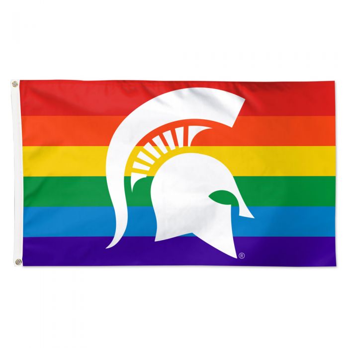 Red, orange, yellow, green, blue, and purple striped flag printed with white Spartan helmet in center