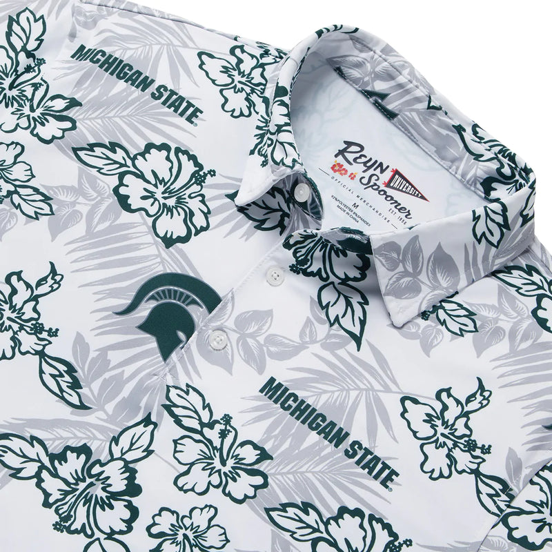 Close up of collar and three button placket on white polo shirt printed with aloha print, Spartan helmets, and Michigan State in green