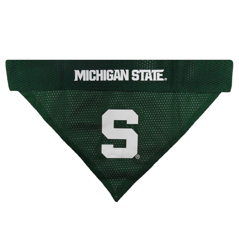 Dark green mesh side of bandana, with a screen printed block S in the center. Along the collar slip, block letters read Michigan State in white.