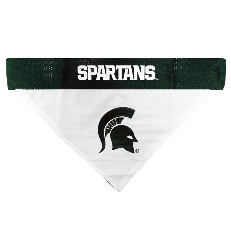 White cotton side of bandana, with an embroidered dark green Spartan helmet in the center. Along the collar slip, block letters read Spartans in white.