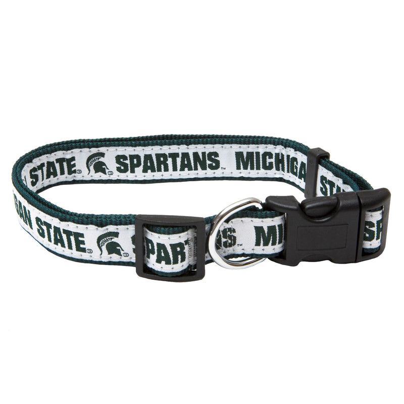 Green woven collar with a solid white ribbon that reads Michigan State and Spartans on either side of a Spartan helmet, all in dark green. The black plastic clasp is next to a silver metal D-ring for attaching leashes and pet tags.