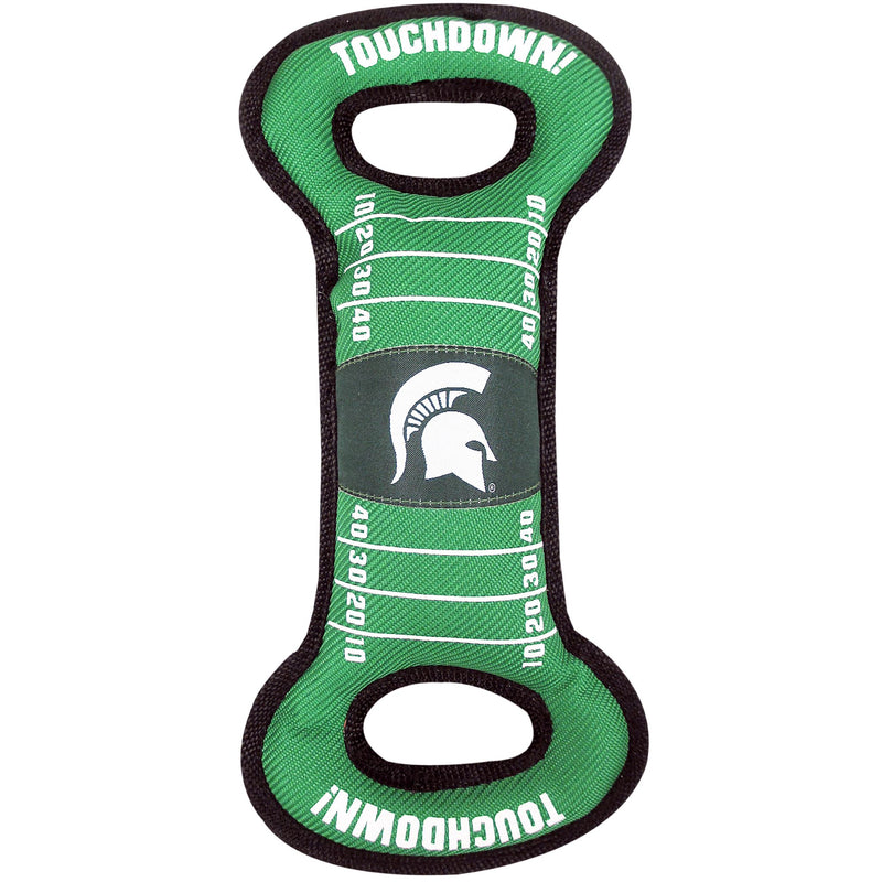 A Kelly green rectangle with a loop handle on either side reading “touchdown!” The entire toy is trimmed with black woven nylon, and the center of the toy has yard line markers and a Spartan helmet logo in the center.