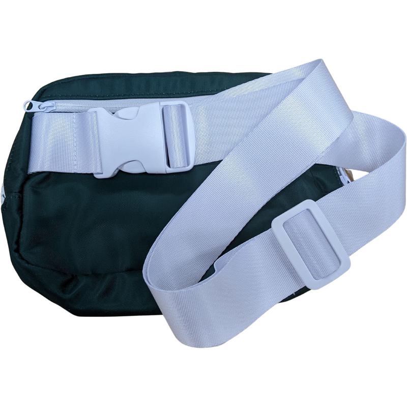 Back side of the forest green fanny pack, showing a white zipper to the hidden back pocket, the woven adjustable-length hip strap, and a white buckle clip
