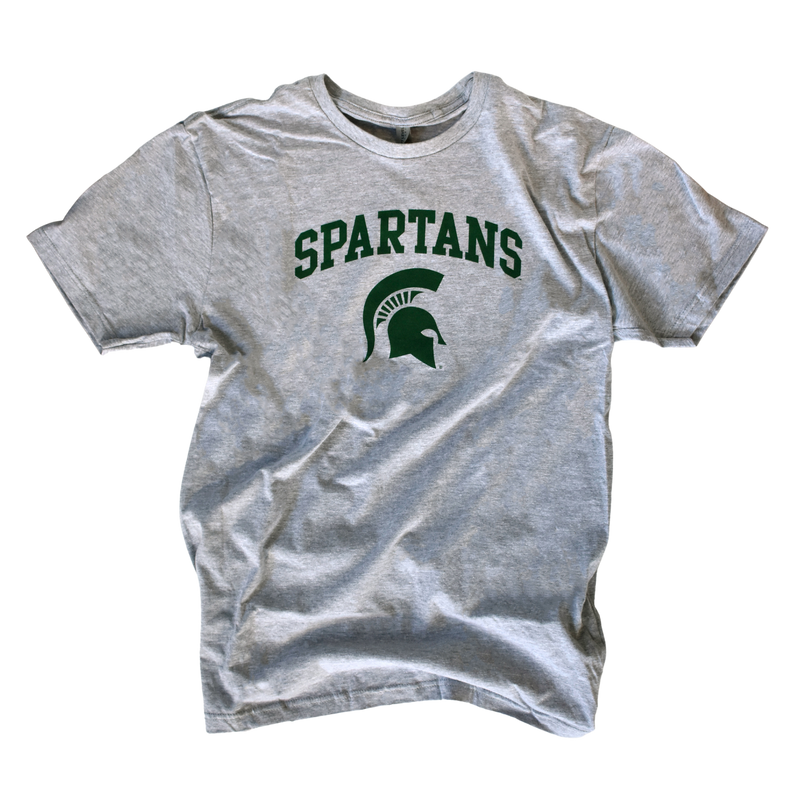 Light heather gray crewneck short-sleeve t-shirt. In block letters on the center chest is an arch reading Spartans over a Spartan helmet.