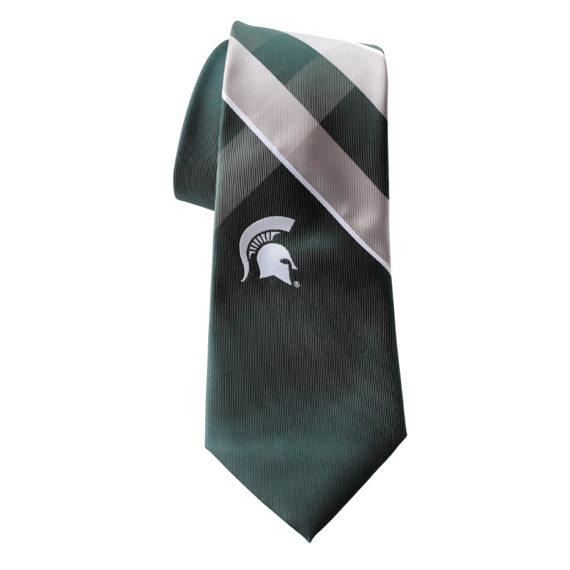 Dark green men's tie with three lighter green diagonal stripes going from right to left under two white stripes going left to right. Below the intersection of the stripes is a white Spartan helmet.