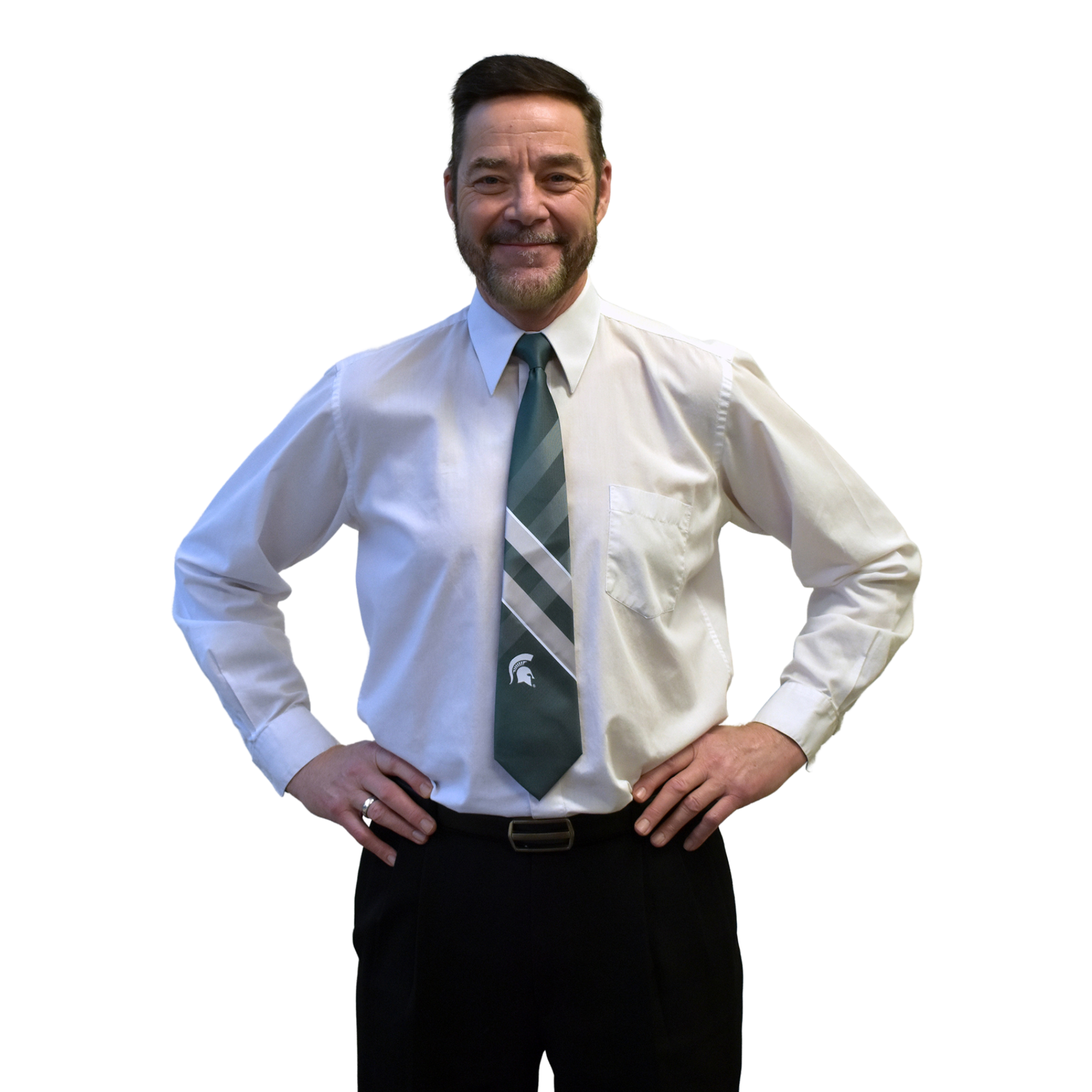 Man wearing the dark green tie with a white dress shirt and black slacks.