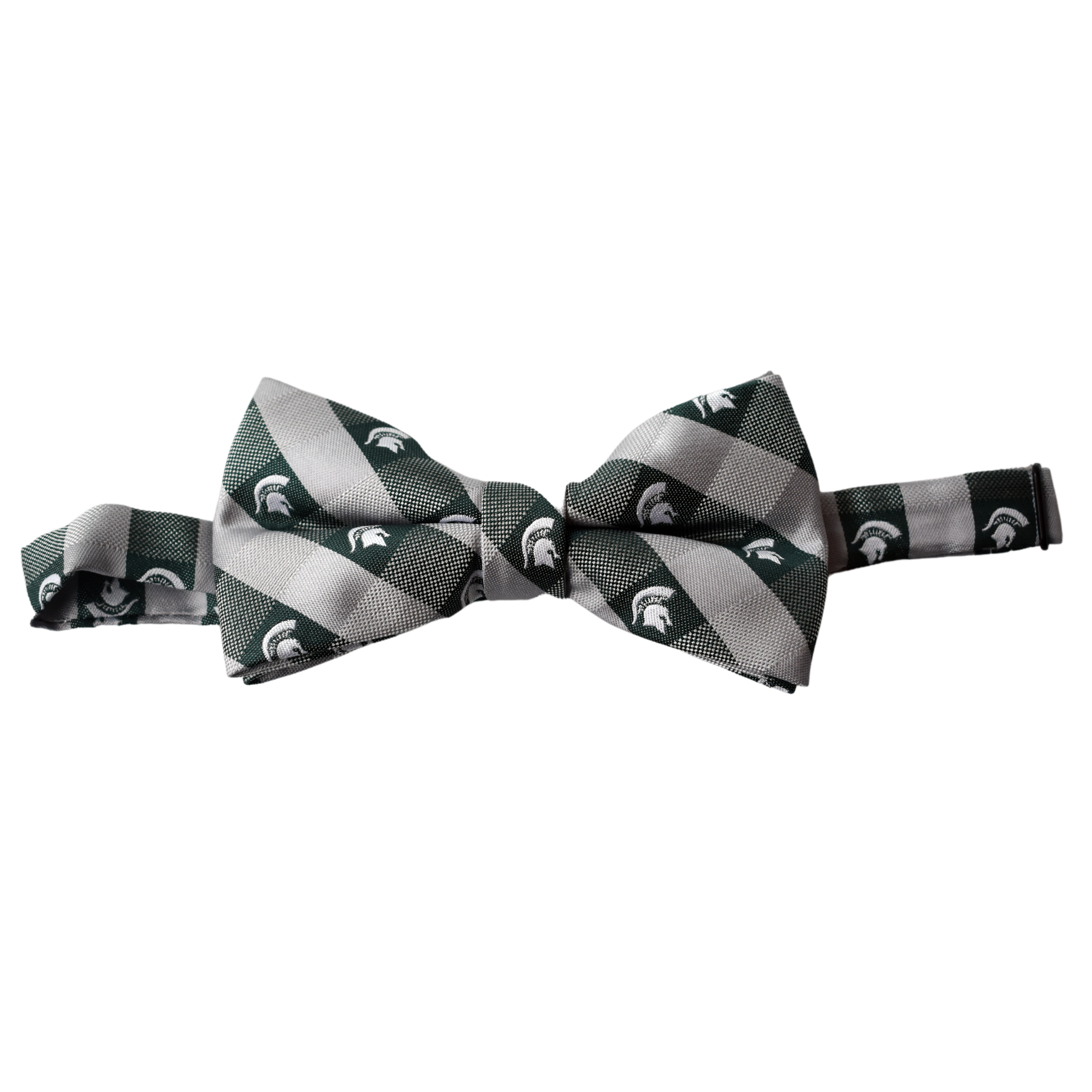 Light gray and dark green gingham patterned bowtie. The solid green squares feature a small white Spartan helmet.