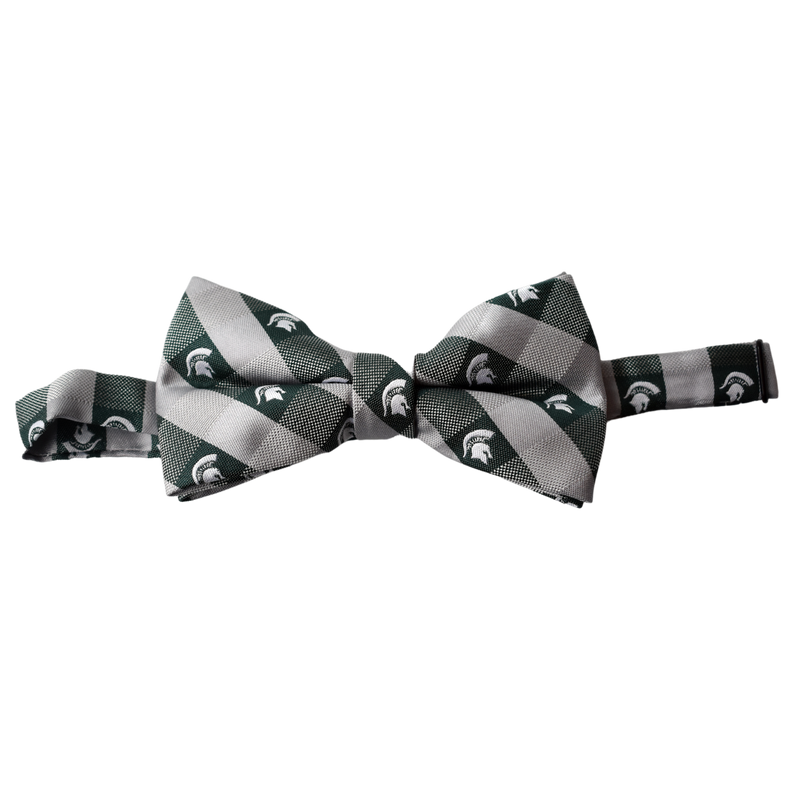 Light gray and dark green gingham patterned bowtie. The solid green squares feature a small white Spartan helmet.