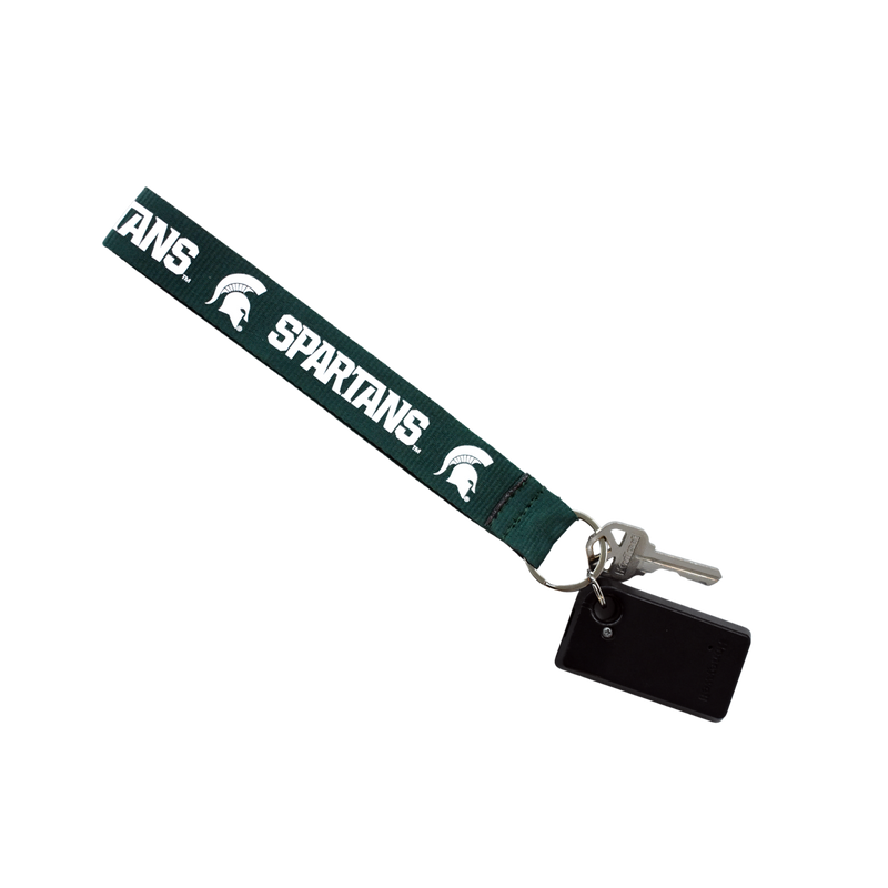 Dark green lanyard wristlet with a silver keychain at one end. On the green canvas material is white printing which alternates between a Spartan helmet and bold text reading "Spartans" in all caps.